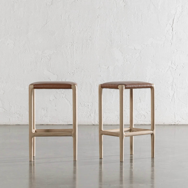 CASONI SQUARE PADDED COUNTER STOOL  |  SMOKE HAZE WASH TEAK + COCOA TAN LEATHER