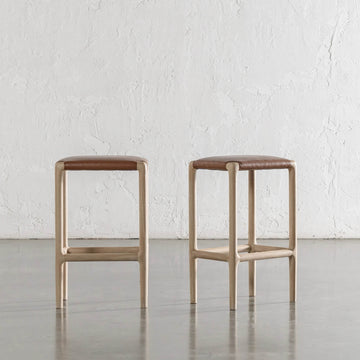CASONI SQUARE PADDED COUNTER STOOL  |  SMOKE HAZE WASH TEAK + COCOA TAN LEATHER