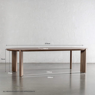 CASSAN ROUNDED DINING TABLE  |  DEEP WALNUT WOOD GRAIN  |  270CM | MEASUREMENTS