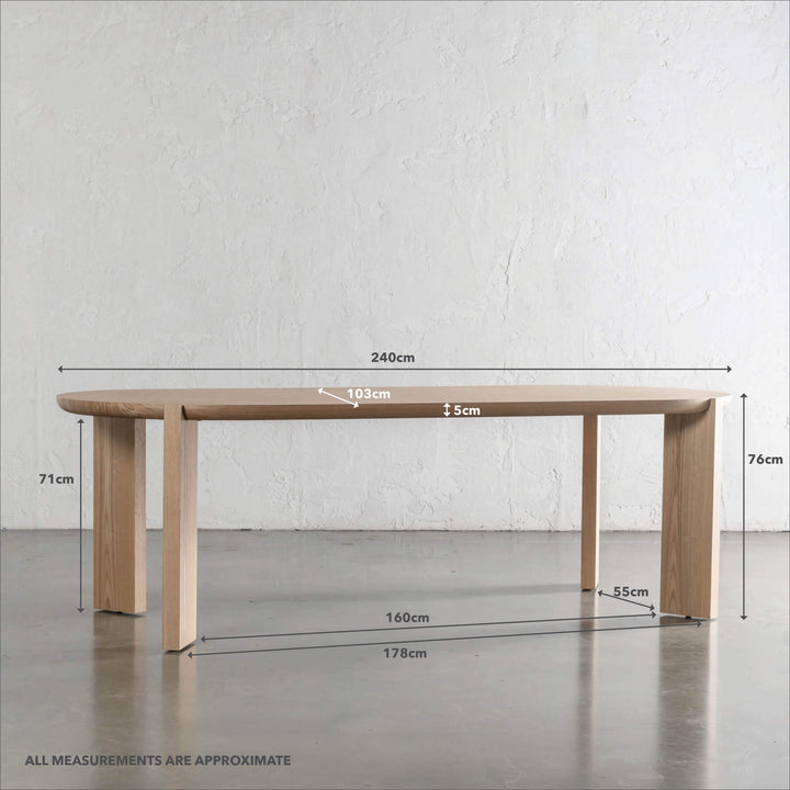 CASSAN ROUNDED DINING TABLE  |  BIRCH ASH WOOD GRAIN  |  240CM | MEASUREMENTS