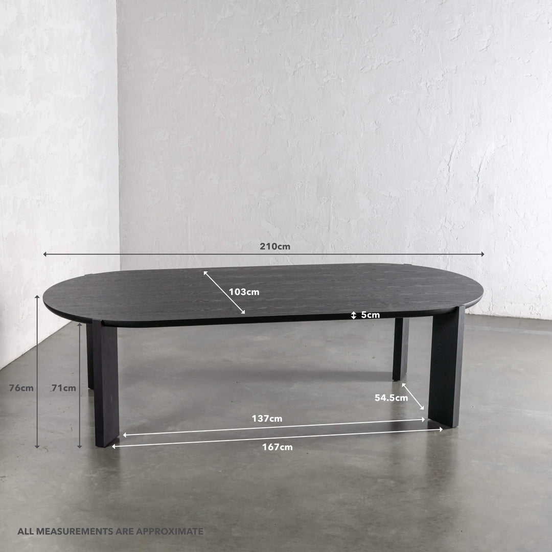 CASSAN ROUNDED DINING TABLE  |  BLACK NOIR WOOD GRAIN  |  210CM | MEASUREMENTS