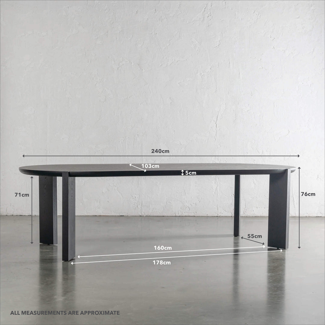 CASSAN ROUNDED DINING TABLE  |  BLACK NOIR WOOD GRAIN  |  240CM | MEASUREMENTS
