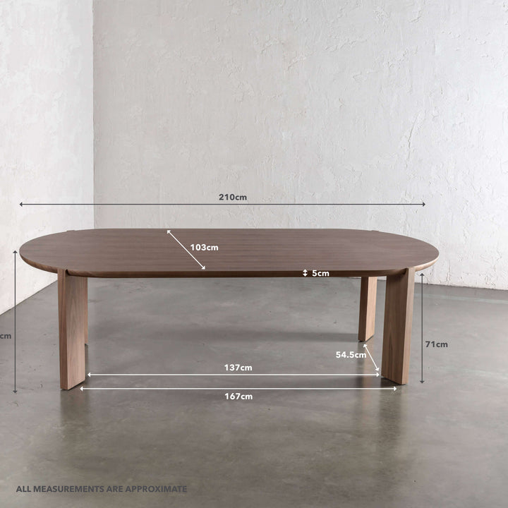 CASSAN ROUNDED DINING TABLE  |  DEEP WALNUT WOOD GRAIN  |  210CM | MEASUREMENTS