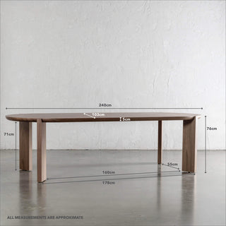 CASSAN ROUNDED DINING TABLE  |  DEEP WALNUT WOOD GRAIN  |  240CM | MEASUREMENTS