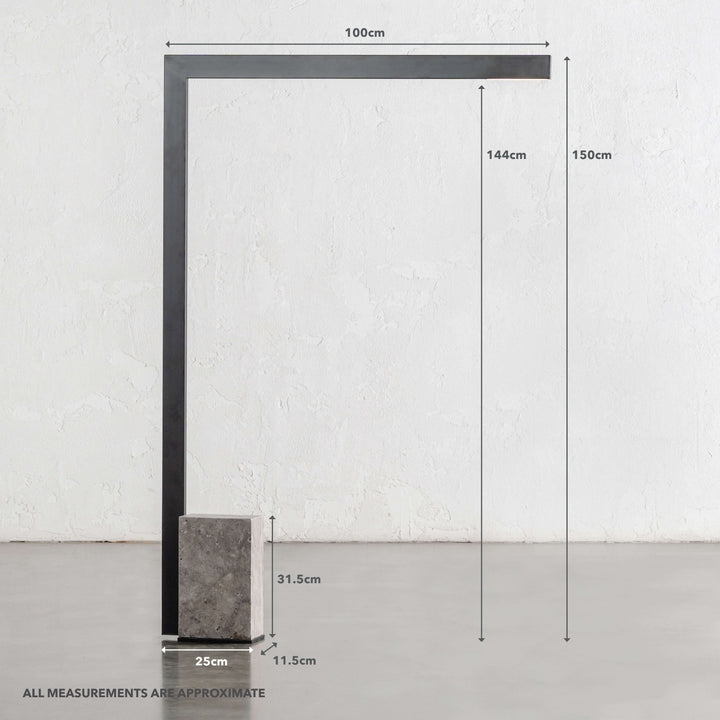 CASSIANO LED FLOOR LAMP  |  150CM  |  MATTE BLACK + TRAVERTINE | MEASUREMENTS