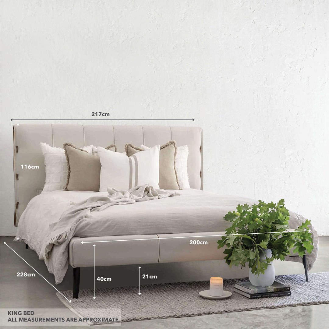 CENOVA BED FRAME  |  ALMOND MILK + SADDLE TAN VEGAN LEATHER | KING MEASUREMENTS