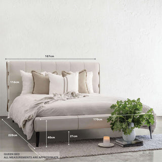 CENOVA BED FRAME  |  ALMOND MILK + SADDLE TAN VEGAN LEATHER | QUEEN MEASUREMENTS