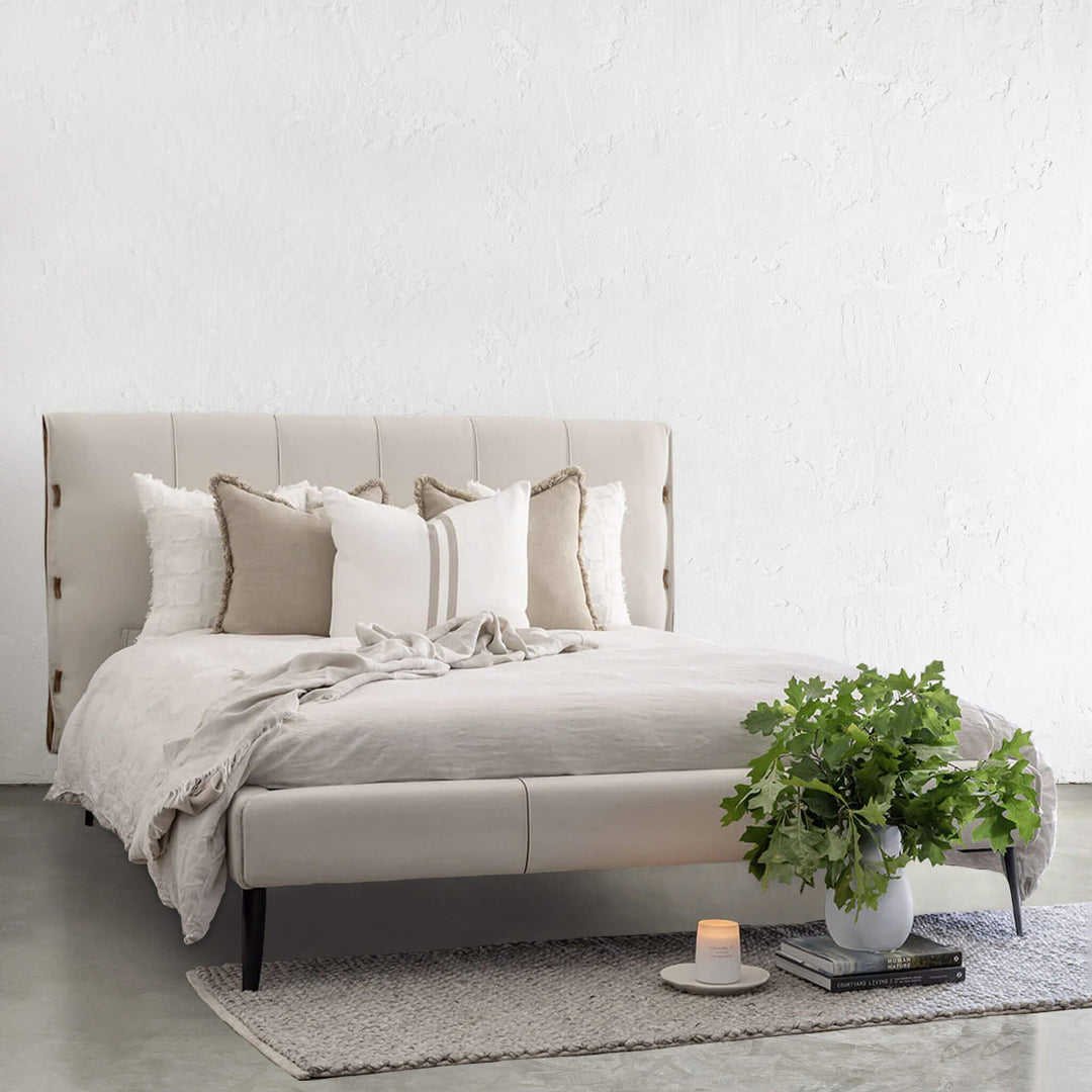 CENOVA BED FRAME  |  ALMOND MILK + SADDLE TAN VEGAN LEATHER