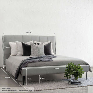 CENOVA BED FRAME  |  CASPER GREY + NOIR BLACK VEGAN LEATHER | QUEEN MEASUREMENTS