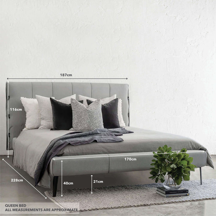 CENOVA BED FRAME  |  CASPER GREY + NOIR BLACK VEGAN LEATHER | QUEEN MEASUREMENTS