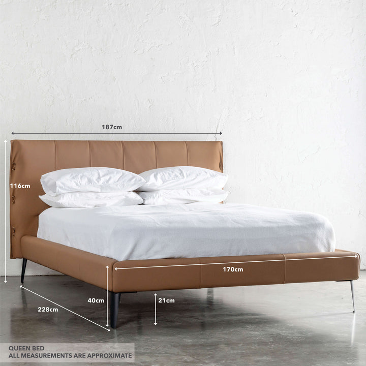CENOVA BED FRAME  |  SADDLE TAN VEGAN LEATHER | QUEEN MEASUREMENTS