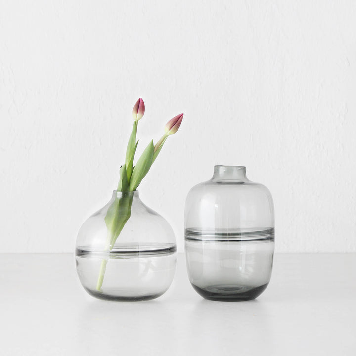 CENTRE RIDGE BOTTLE GLASS VASE BUNDLE X2 | SMALL + MEDIUM | GREY