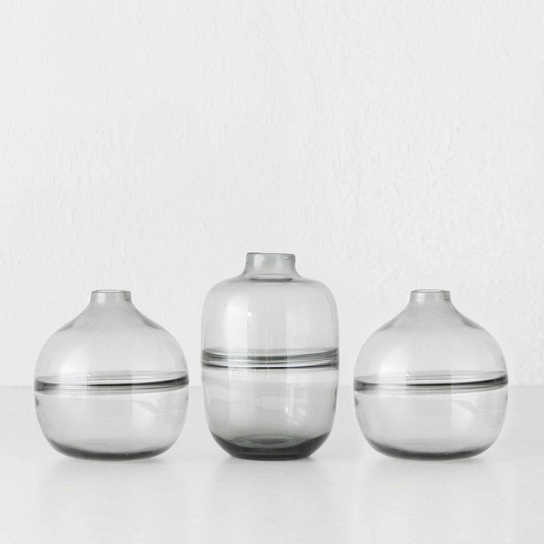 CENTRE RIDGE BOTTLE GLASS VASE BUNDLE X3 | SMALL + MEDIUM | GREY