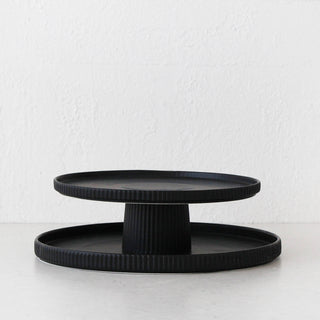 CERAMIC RIBBED BUNDLE X2 | FOOTED STAND + ROUND PLATTER | MATTE BLACK