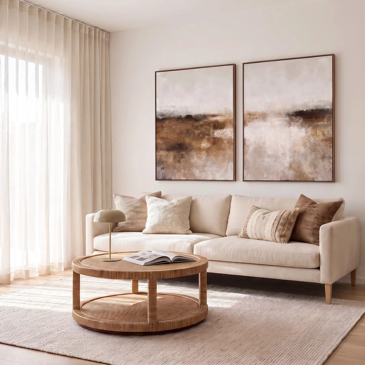 CERVO FRAMED TEXTURED PRINT ON HESSIAN  |  SET OF 2  |  90 X 120CM  |  NATURAL EARTH + TAUPE  |  OAK NATURAL FRAME