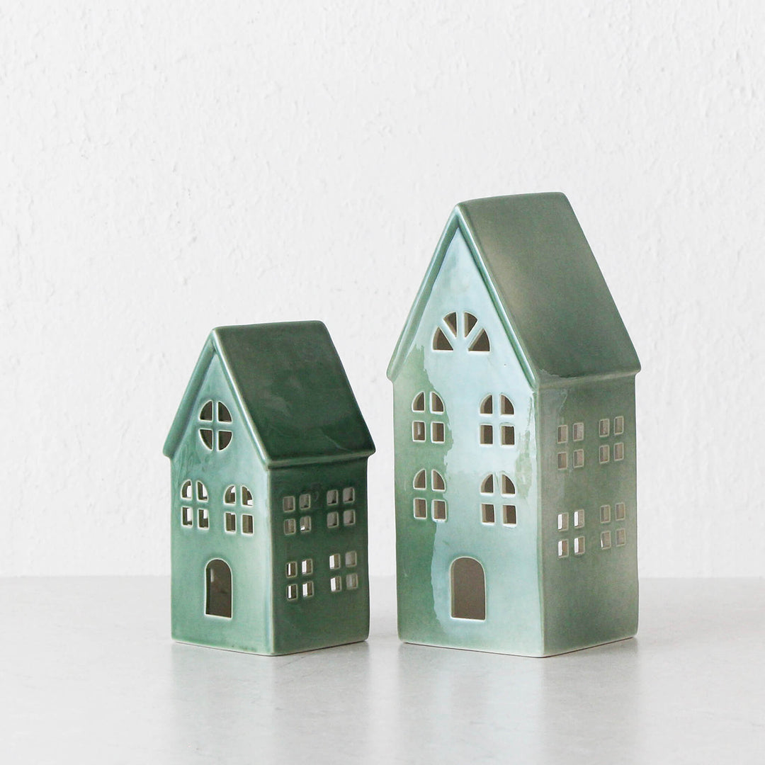 CHRISTMAS HOUSE DECORATION BUNDLE X2  |  17CM + 23CM  |  GREEN CERAMIC