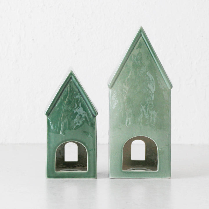 CHRISTMAS HOUSE DECORATION BUNDLE X2  |  17CM + 23CM  |  GREEN CERAMIC