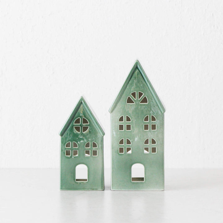 CHRISTMAS HOUSE DECORATION BUNDLE X2  |  17CM + 23CM  |  GREEN CERAMIC