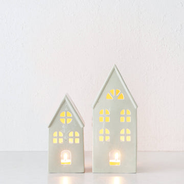 CHRISTMAS HOUSE TABLE DECORATION BUNDLE X2  |  17CM + 23CM  |  SAGE SPECKLE CERAMIC