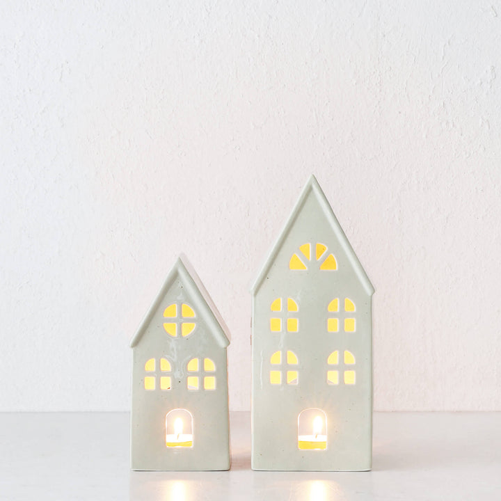 CHRISTMAS HOUSE TABLE DECORATION BUNDLE X2  |  17CM + 23CM  |  SAGE SPECKLE CERAMIC