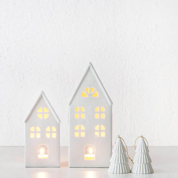 CHRISTMAS HOUSE TABLE DECORATION BUNDLE X2 | 17CM + 23CM | WHITE CERAMIC