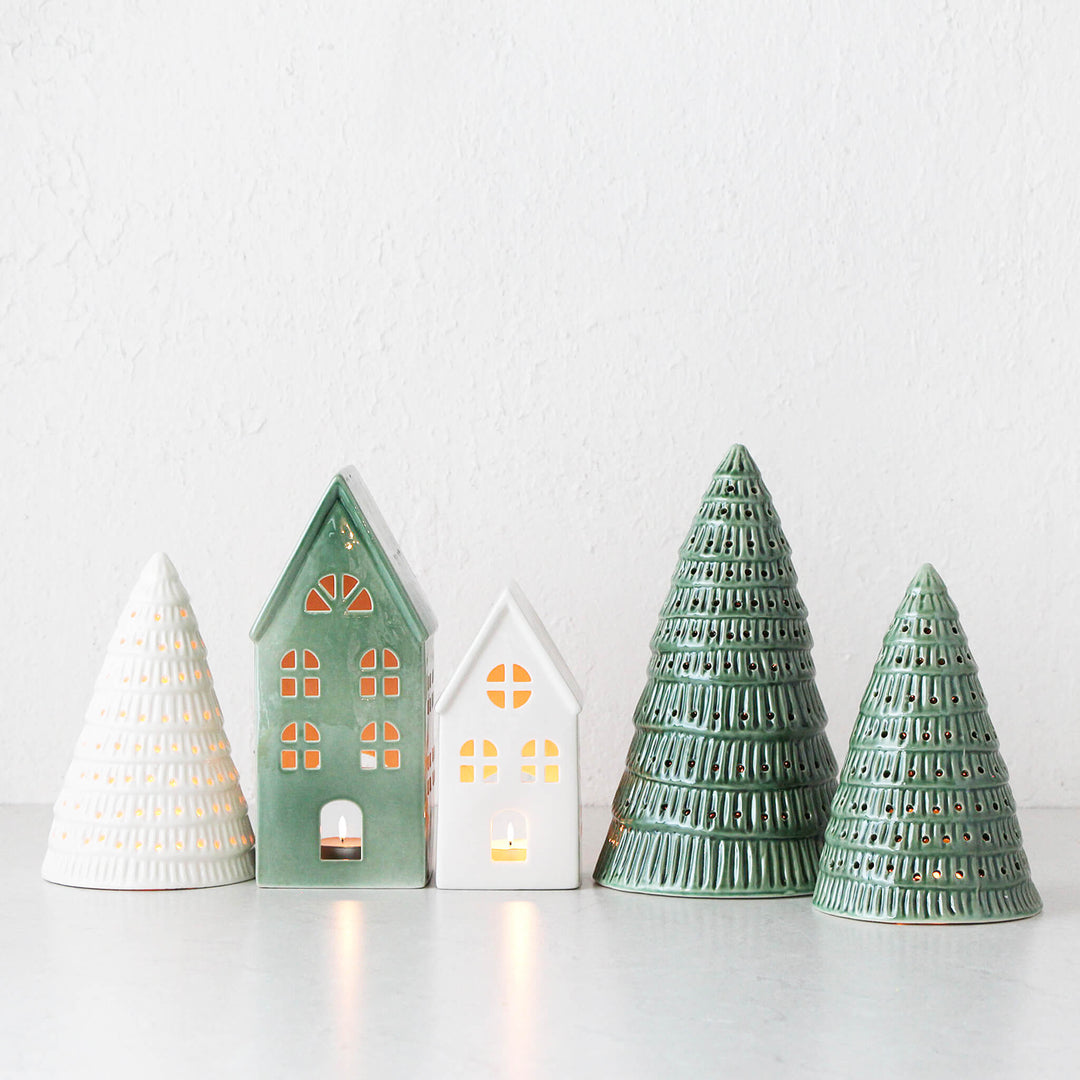 CHRISTMAS TREE + HOUSE DECORATION COLLECTION |  WHITE + GREEN CERAMIC