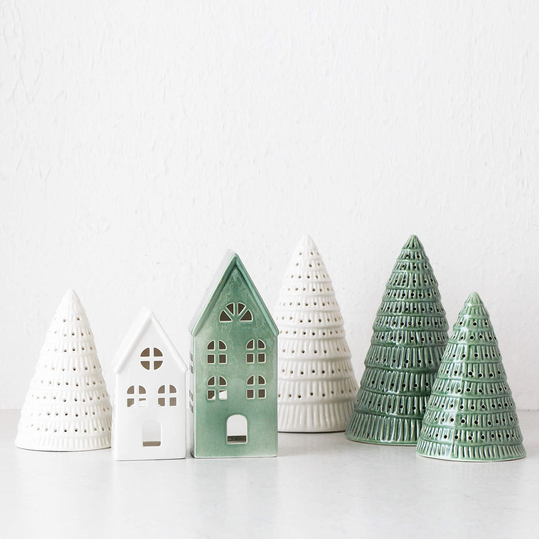 CHRISTMAS TREE + HOUSE DECORATION COLLECTION |  WHITE + GREEN CERAMIC