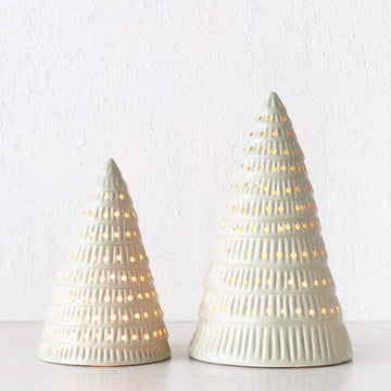 CHRISTMAS TREE TABLE DECORATION BUNDLE X2  |  19CM + 25CM  |  SAGE SPECKLE CERAMIC