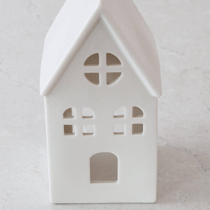 CHRISTMAS HOUSE TABLE DECORATION BUNDLE X2  |  17CM + 23CM  |  WHITE CERAMIC
