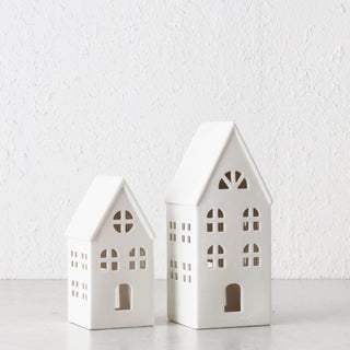 CHRISTMAS HOUSE TABLE DECORATION BUNDLE X2  |  17CM + 23CM  |  WHITE CERAMIC