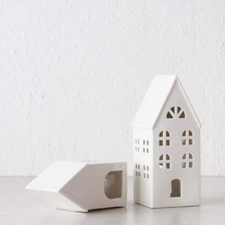 CHRISTMAS HOUSE TABLE DECORATION BUNDLE X2  |  17CM + 23CM  |  WHITE CERAMIC