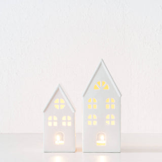 CHRISTMAS HOUSE TABLE DECORATION BUNDLE X2  |  17CM + 23CM  |  WHITE CERAMIC