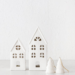 CHRISTMAS HOUSE TABLE DECORATION BUNDLE X2  |  17CM + 23CM  |  WHITE CERAMIC