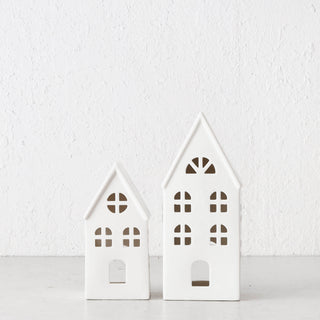 CHRISTMAS HOUSE TABLE DECORATION BUNDLE X2  |  17CM + 23CM  |  WHITE CERAMIC