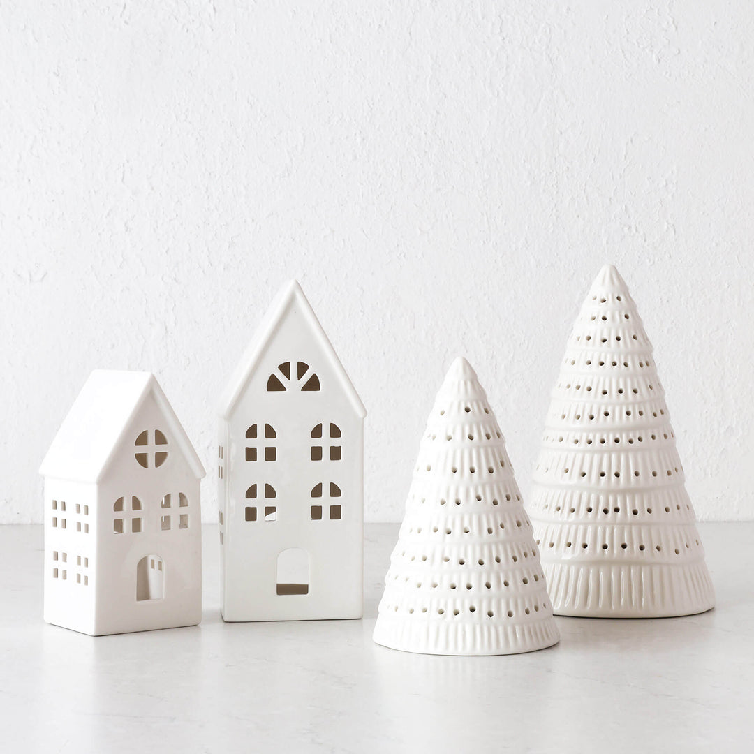 CHRISTMAS HOUSE TABLE DECORATION BUNDLE X2  |  17CM + 23CM  |  WHITE CERAMIC