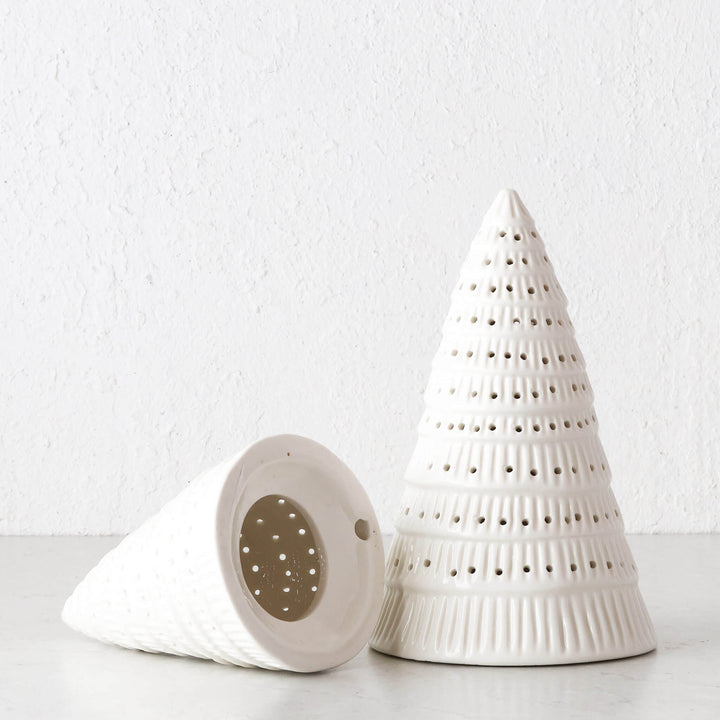 CHRISTMAS TREE TABLE DECORATION BUNDLE X2  |  19CM + 25CM  |  WHITE CERAMIC