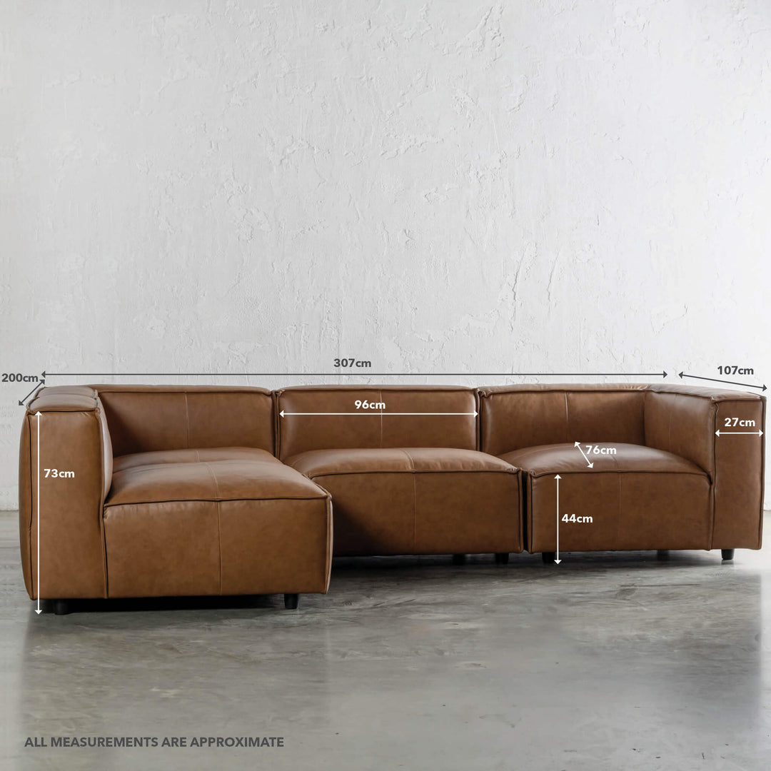 COBURG MODULAR SOFA WITH MEASUREMENTS  |  DAKOTA SADDLE TAN