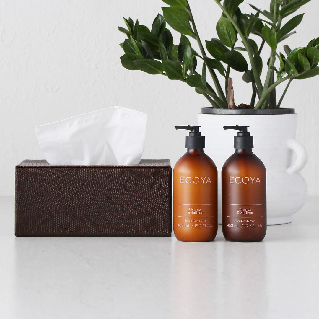 CONRAD SNAKE RECTANGLE TISSUE BOX  |  COGNAC BROWN