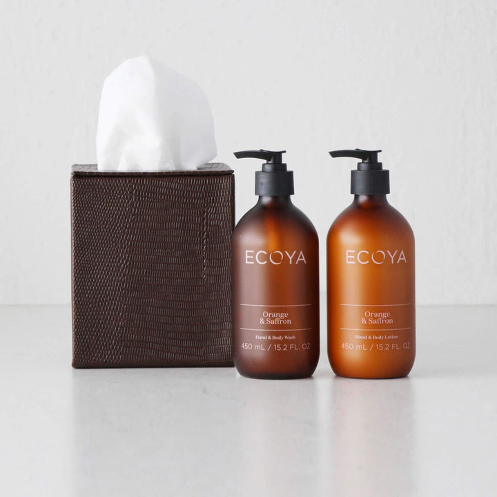 CONRAD SNAKE SQUARE TISSUE BOX  |  COGNAC BROWN
