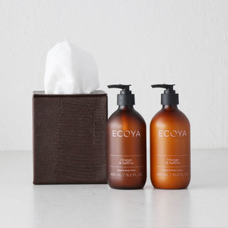 CONRAD SNAKE SQUARE TISSUE BOX  |  COGNAC BROWN