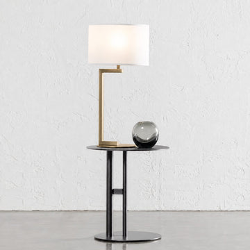 CORMONT TABLE LAMP  |  ANTIQUE BRASS + WHITE SHADE