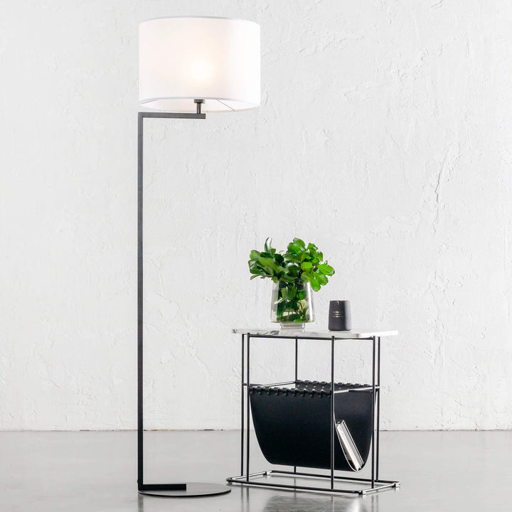 CORMONT MATTE BLACK FLOOR LAMP | WHITE LINEN SHADE