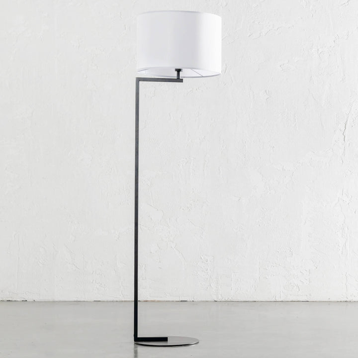 CORMONT MATTE BLACK FLOOR LAMP | WHITE LINEN SHADE | LIGHT OFF