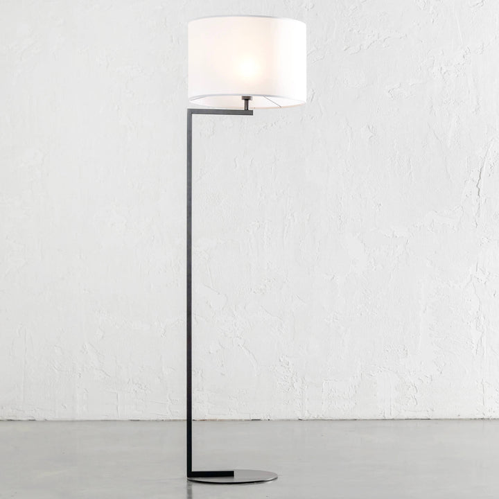 CORMONT MATTE BLACK FLOOR LAMP | WHITE LINEN SHADE | LIGHT ON