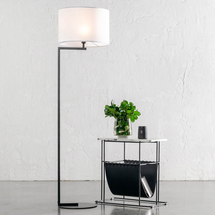 CORMONT MATTE BLACK FLOOR LAMP | WHITE LINEN SHADE | STYLED