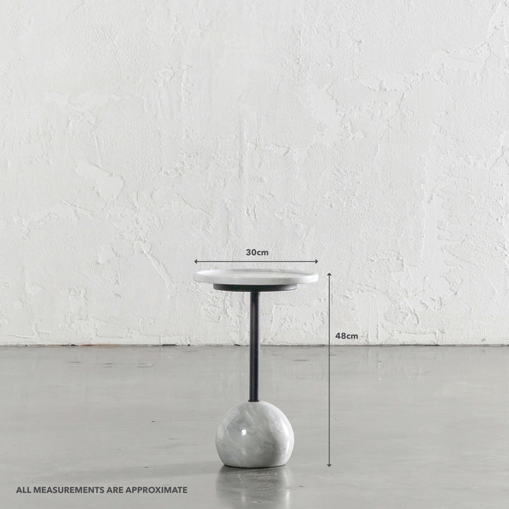 CORSINI BALL SIDE TABLE | CARRERA MARBLE + MATT BLACK | D30CM | MEASUREMENTS