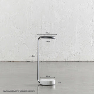 CORSINI C-SHAPE CARRARA MARBLE + MATTE BLACK DRINKS TABLE  |  D20CM | MEASUREMENTS