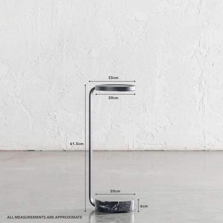 CORSINI C-SHAPE EMAS DARK GREY MARBLE + MATTE BLACK DRINKS TABLE  |  D20CM | MEASUREMENTS