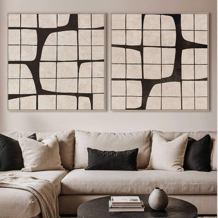 CORTINA FRAMED CANVAS PRINT |  SET OF 2  |  100X 100CM  |  SAND + BLACK NOIR  |  LIGHT NATURAL FRAME