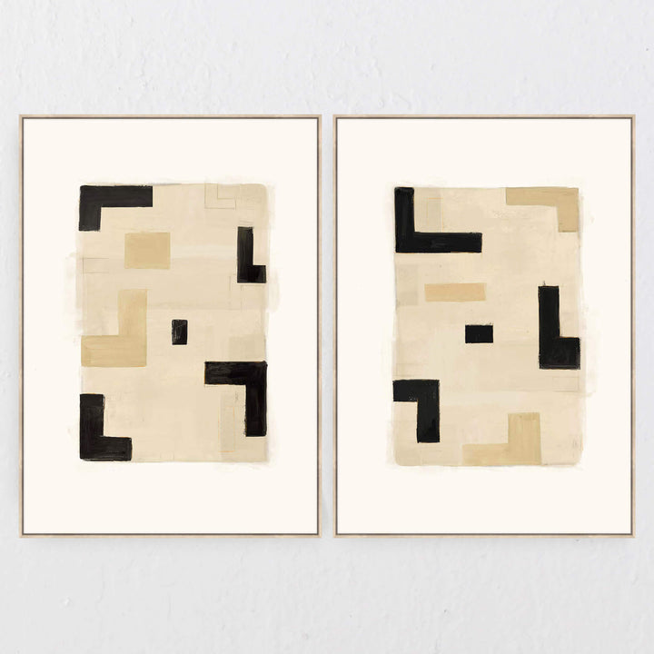 CREMONA FRAMED CANVAS PRINT  |  100X140CM  |  SET OF 2  |  BLACK + SAND + BEIGE  |  LIGHT NATURAL FRAME